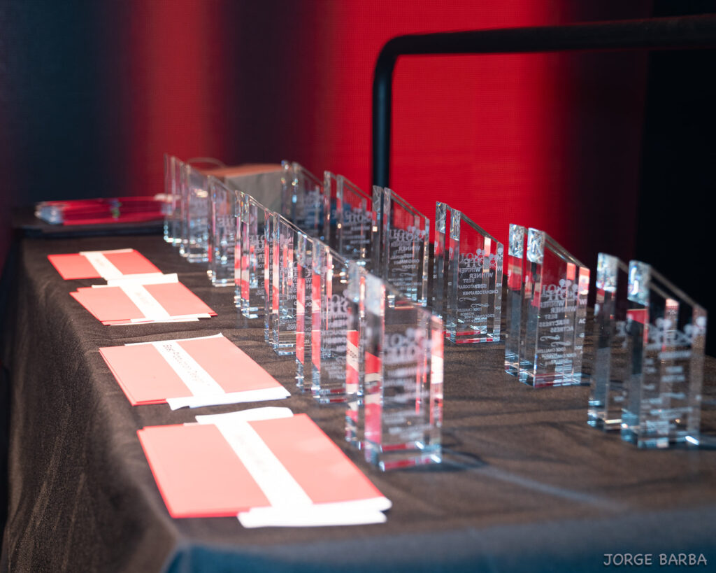 Crystal awards on a table